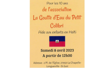 Invitation 10 ans de l’association La Goutte d’eau du Petit Colibri – Animations et repas Haïtien